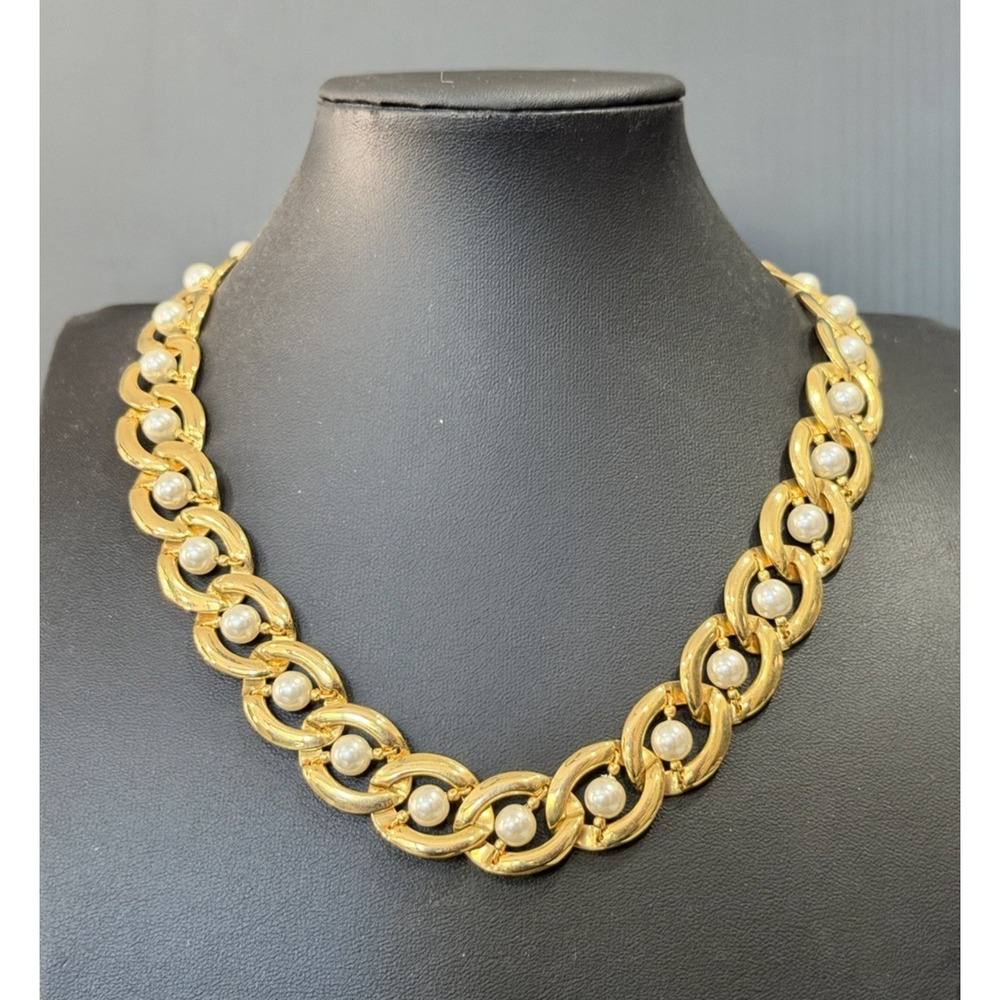 Vintage Gold Tone‎ Imitation Caged Pearl Link Necklace Chunky Collar Necklace